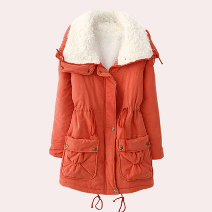 Orange Damenparka mit Kapuze, Fleece-Futter, Taschen, Winterjacke, warm, modisch.