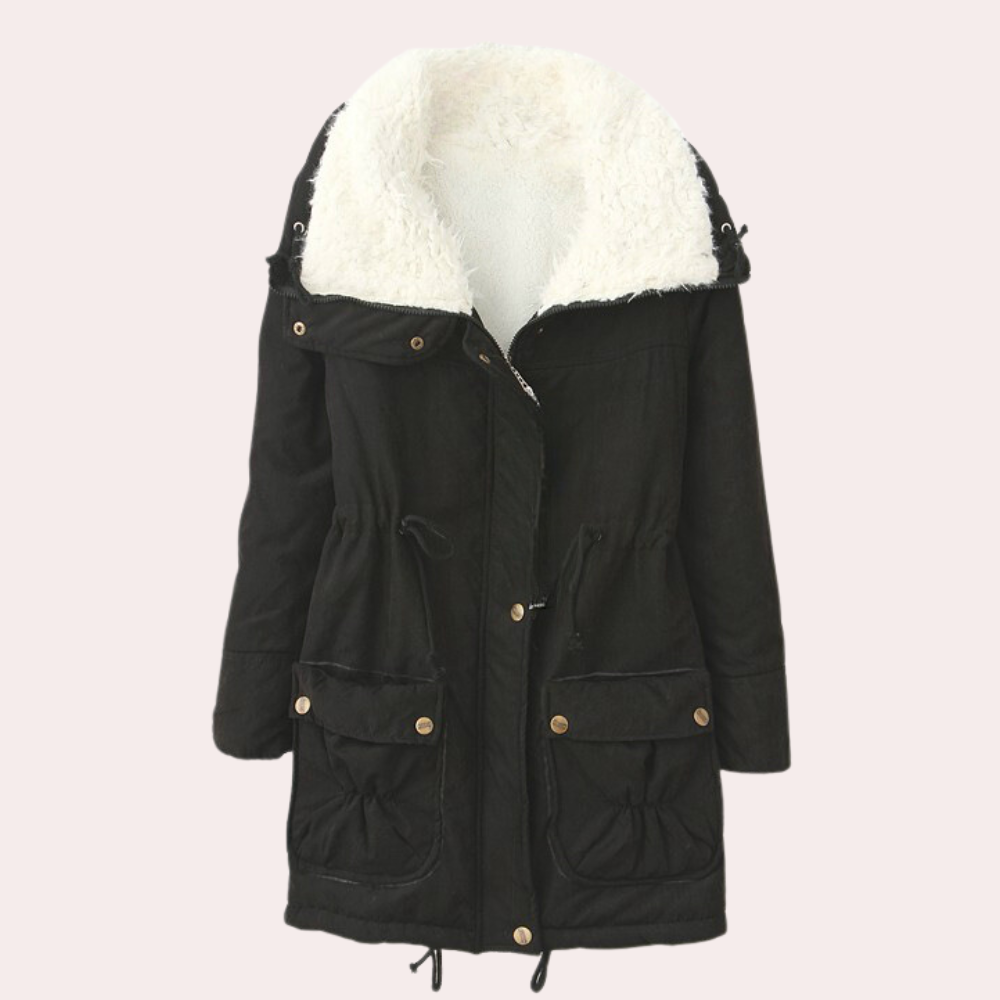 Schwarzer Damenparka mit Kapuze, weißem Futter, Taschen, Winterjacke, warm, modisch.