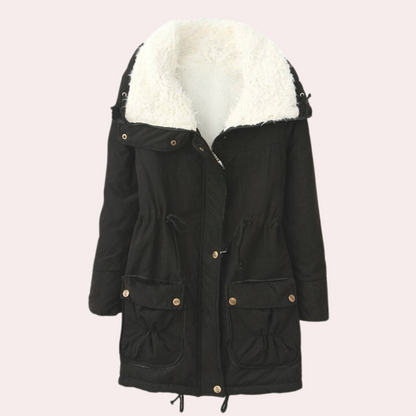 Schwarzer Damenparka mit Kapuze, weißem Futter, Taschen, Winterjacke, warm, modisch.