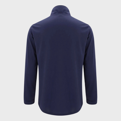 Dunkelblaues Herren-Poloshirt, langärmelig, aus Baumwolle, Rückansicht, modisch, bequem.