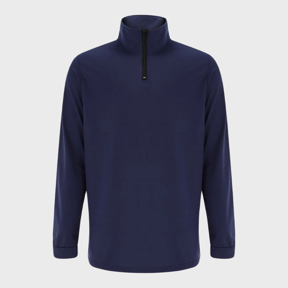 Dunkelblauer Herrenpullover mit Reißverschluss, langärmelig, aus Baumwolle, modisch und bequem.