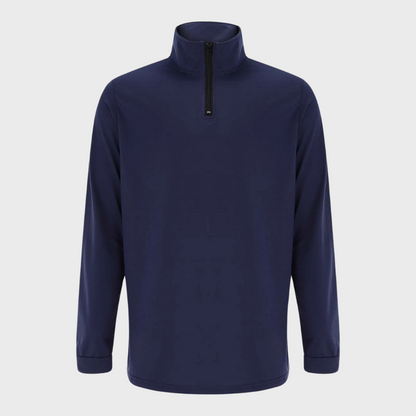 Dunkelblauer Herrenpullover mit Reißverschluss, langärmelig, aus Baumwolle, modisch und bequem.