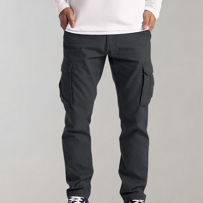 Dunkelgraue Cargohose für Herren, Baumwolle, seitliche Taschen, lässiger Stil.