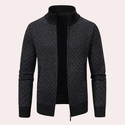 Dunkelgrauer Strickjacke mit Reißverschluss, Herrenmode, elegantes Design, warme Winterbekleidung.