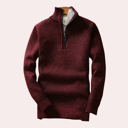 Bordeauxroter Herrenpullover mit Reißverschluss, Strick, warm, modisch, Wintermode.
