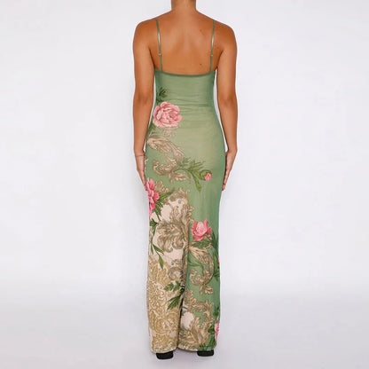 Florales Sommer-Maxikleid mit V-Ausschnitt und Spaghettiträgern - Alina