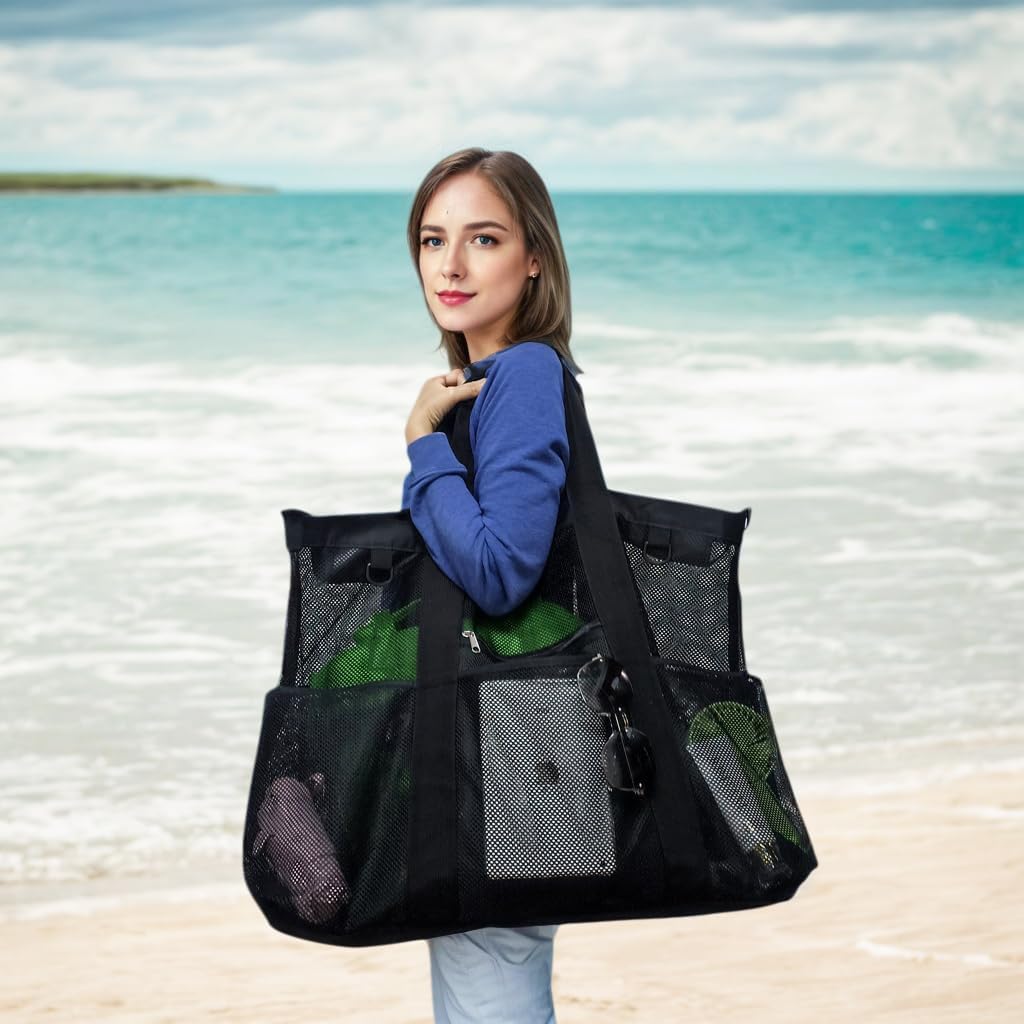 Kaufe 1, Erhalte 1 GRATIS – Extra Große Durchsichtige Mesh-Strandtasche mit 8 Taschen – ClearWave