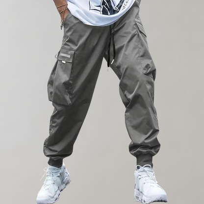 Graue Cargohose für Herren, lässig, mit Taschen, Streetwear, Nylon, elastischer Bund.