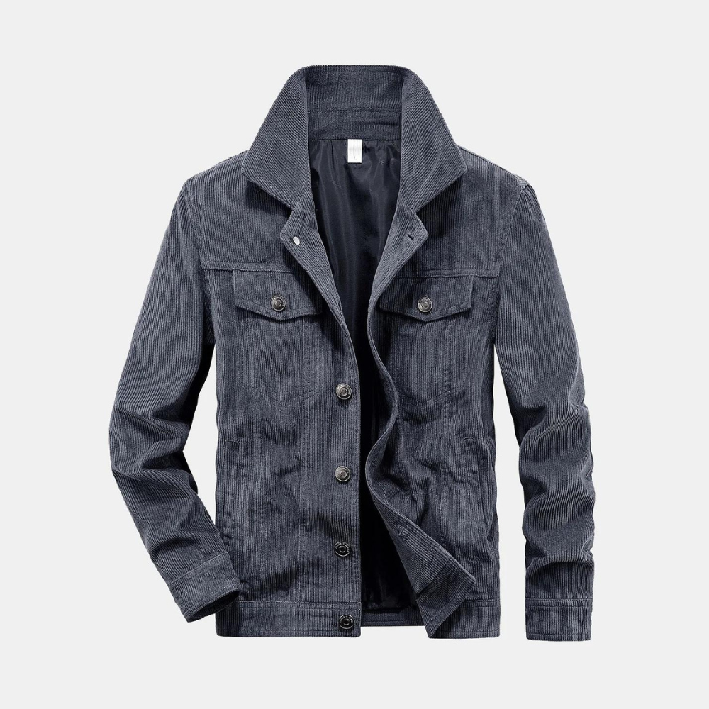 Graue Cordjacke für Herren, Knopfleiste, zwei Brusttaschen, modisch, lässig.