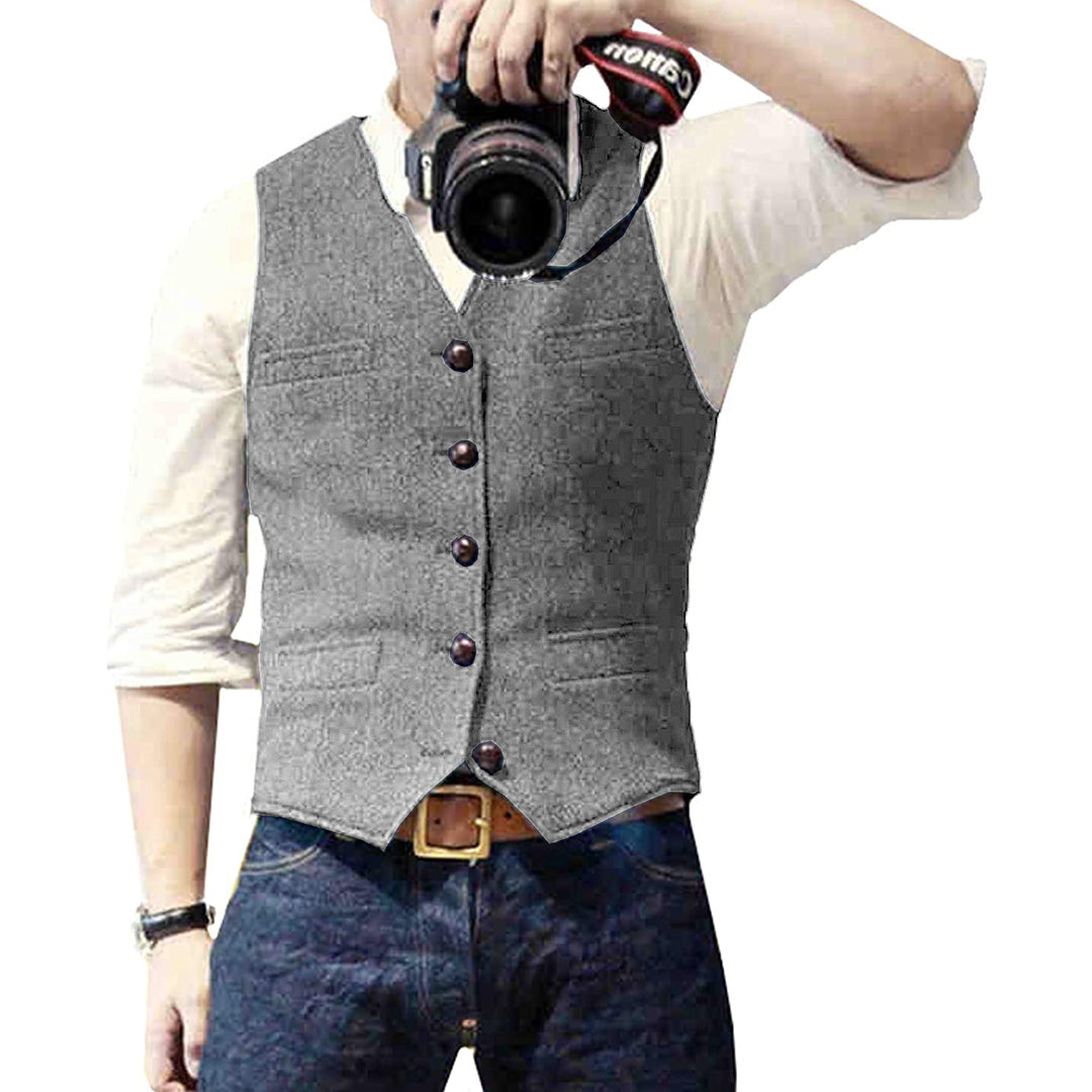 Graue Herrenweste aus Tweed, ärmelloses Design, eleganter Stil, ideal für formelle Anlässe.