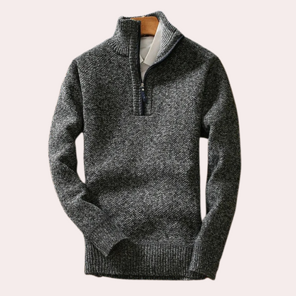 Grauer Herrenpullover mit Reißverschluss, Strick, warm, modisch, Winterkleidung.