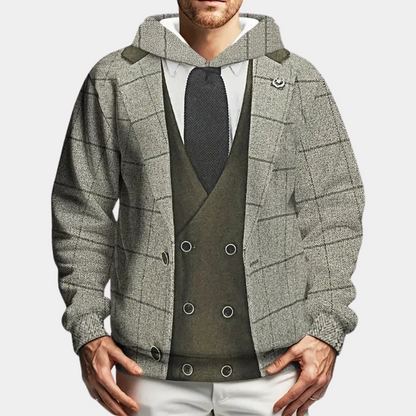 Herren Hoodie mit Anzug-Design, grau kariert, Krawatte, modisch, lässig, Baumwolle.