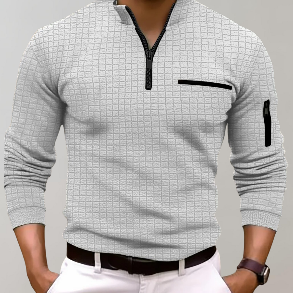 Graues Herren-Poloshirt mit Reißverschluss, Langarm, kariertes Muster, modisch, bequem.