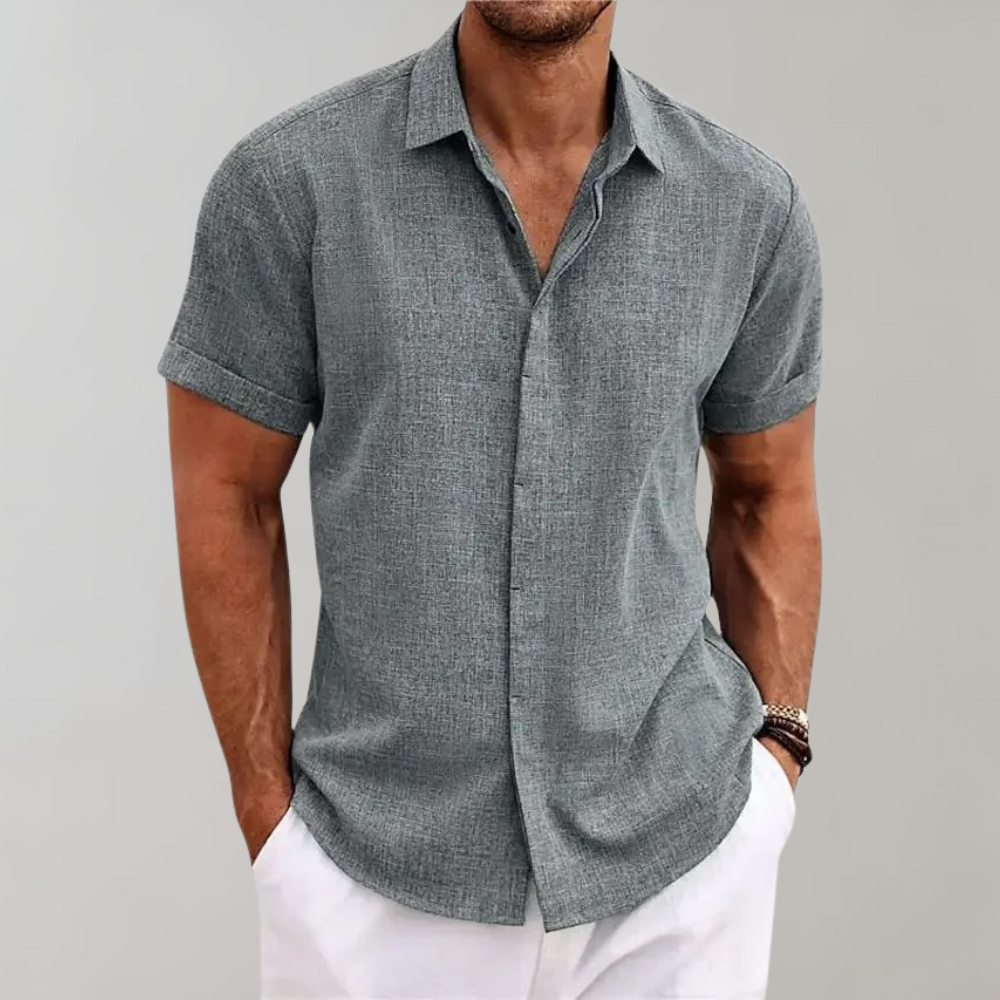 Graues Herrenhemd aus Leinen, kurzärmelig, lässig, ideal für Sommermode.