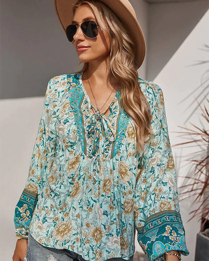 Vintage Boho Sommerbluse mit Blumenprint und langen Ärmeln – Sana