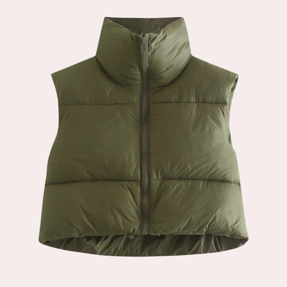 Grüne Damen-Daunenweste, ärmellos, mit Reißverschluss, modisch, warm, Winterbekleidung.