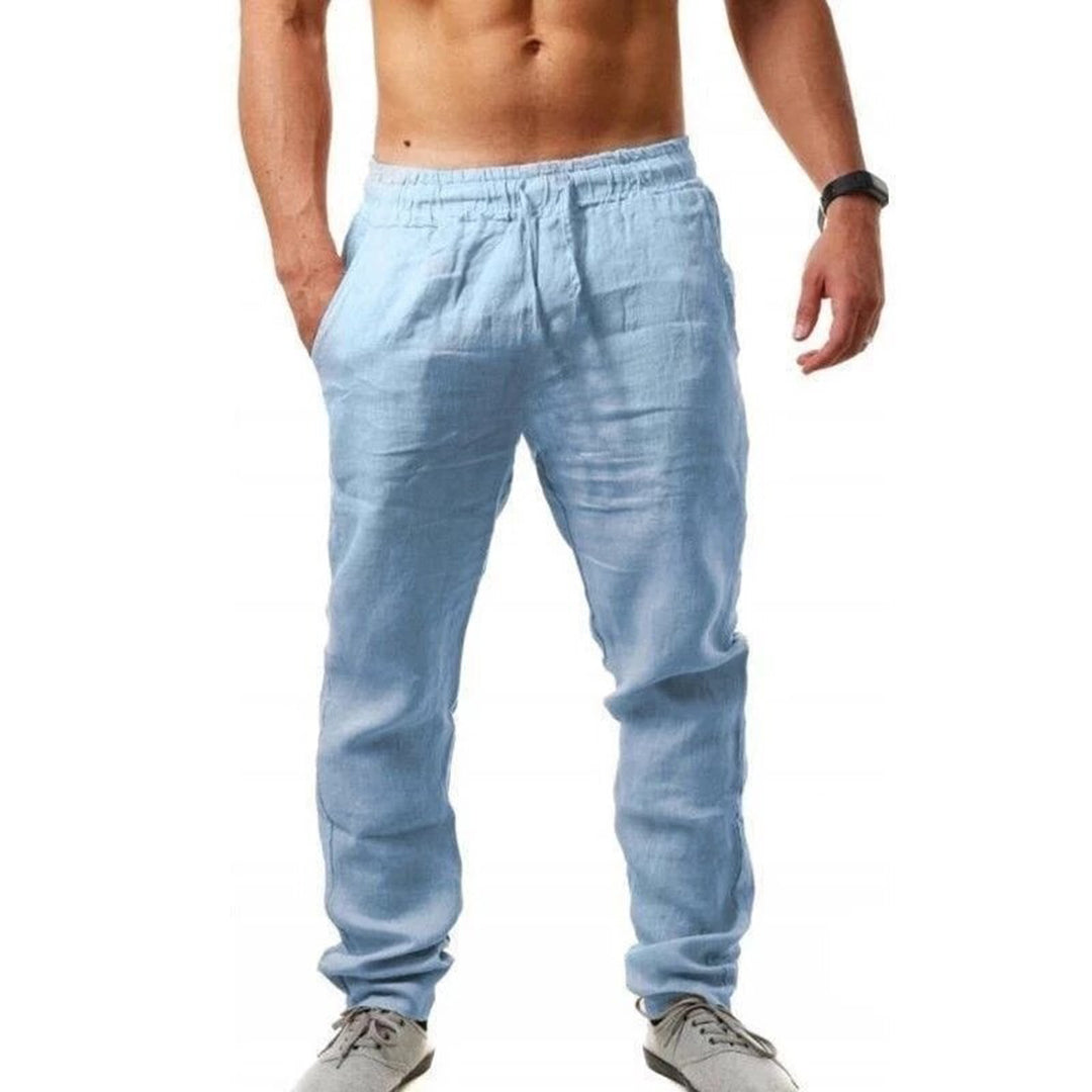 Hellblaue Herren-Leinenhose, elastischer Bund, Sommermode, lässig, atmungsaktiv.