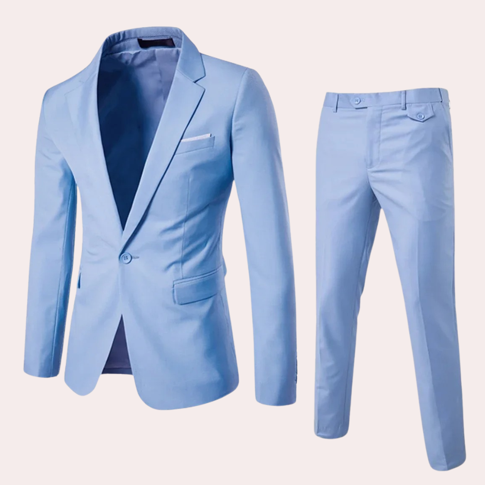 Hellblauer Herrenanzug, zweiteilig, Slim Fit, aus Baumwolle, ideal für formelle Anlässe.