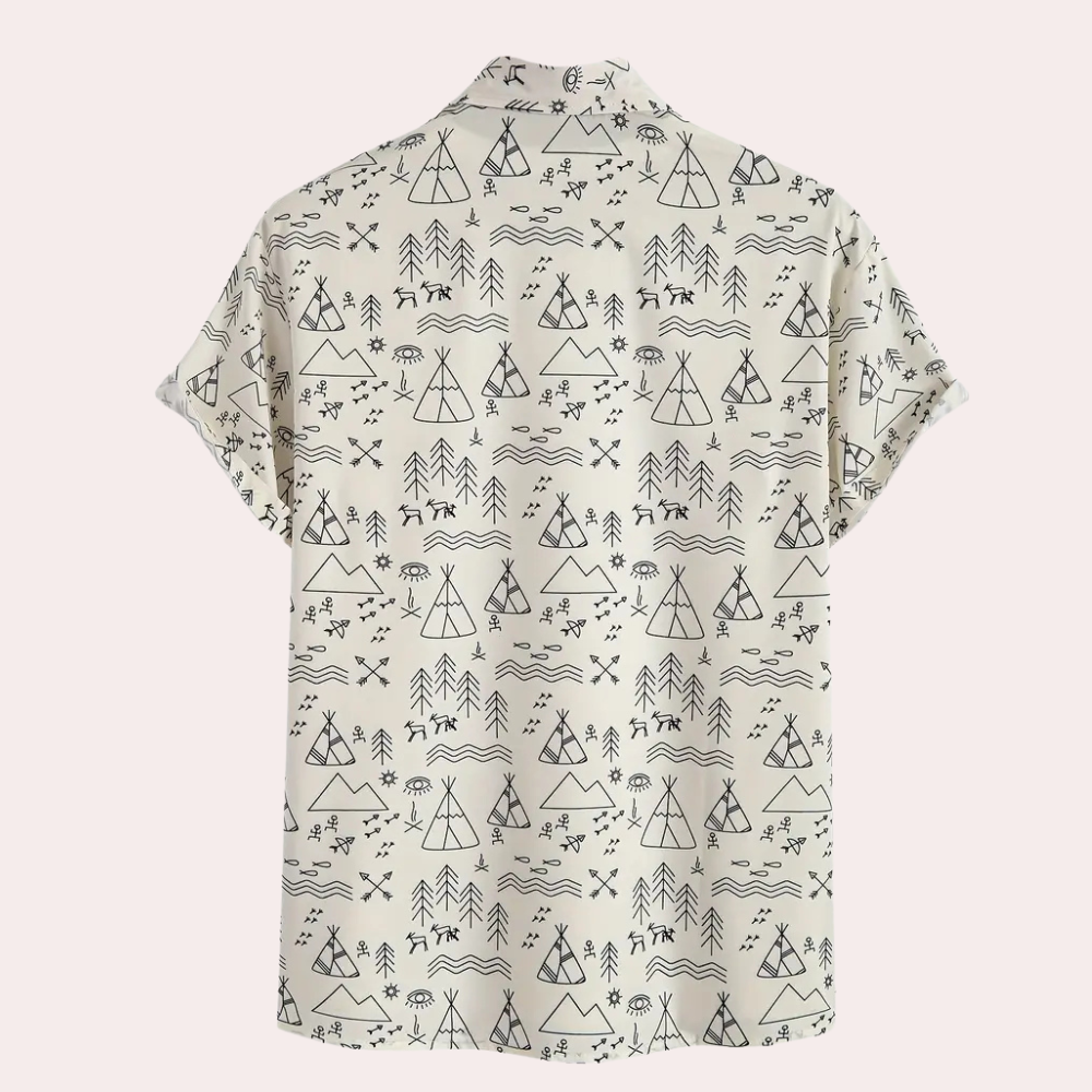 Herrenhemd mit Camping-Muster, kurzärmelig, weiß, Baumwolle, Freizeitmode, Outdoor-Design.