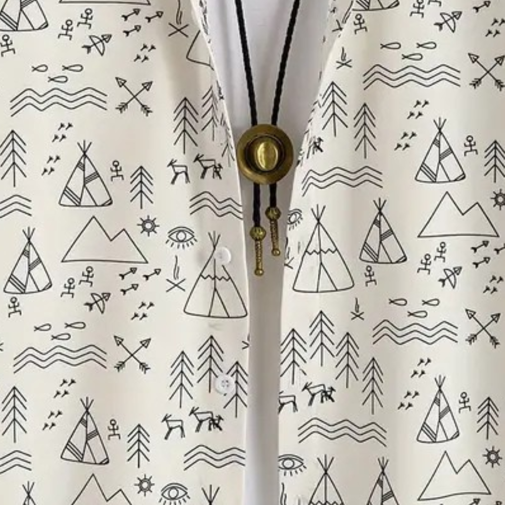 Weißes Hemd mit schwarzem, geometrischem Muster aus Zelten, Bäumen und Tieren, Baumwolle.