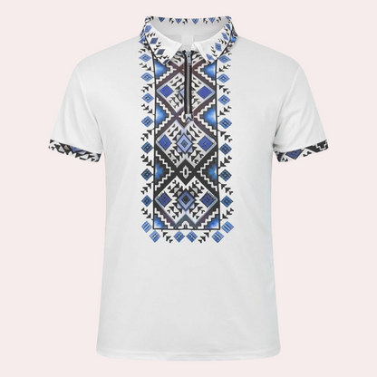 Weißes Herren-T-Shirt mit blau-schwarzem Aztekenmuster, Kurzarm, Baumwolle, modisch.