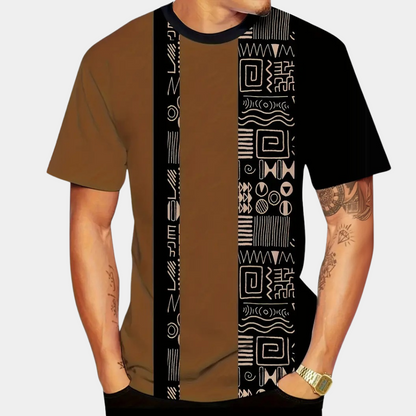 Braunes Herren-T-Shirt mit schwarzem, geometrischem Muster, Kurzarm, Baumwolle.
