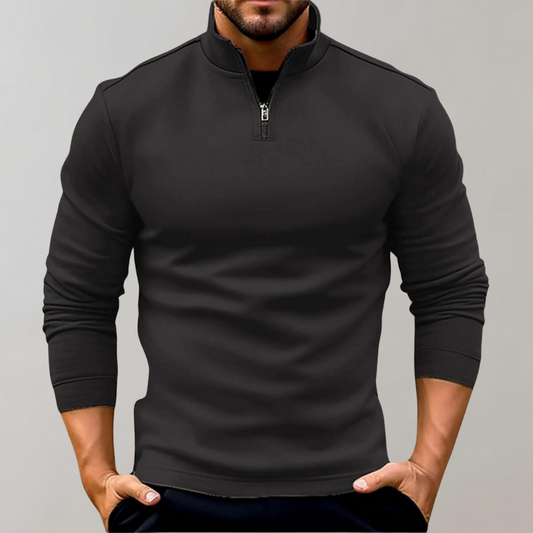 Schwarzer Herrenpullover mit Reißverschluss, langärmelig, modisch, bequem, Freizeitkleidung.
