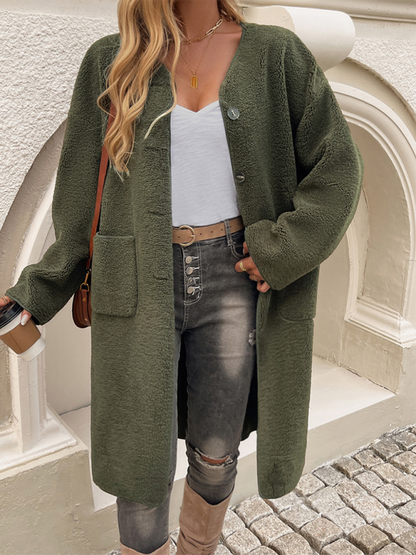 Lang Fleece Damenjacke Mit Knopfverschluss – Elena