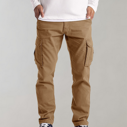 Khaki Cargohose für Herren, Baumwolle, seitliche Taschen, lässiger Stil, Outdoor-Bekleidung.