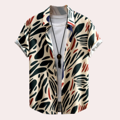 Herrenhemd mit abstraktem Muster, kurzärmelig, beige, schwarz, rot, lässig, Sommermode.