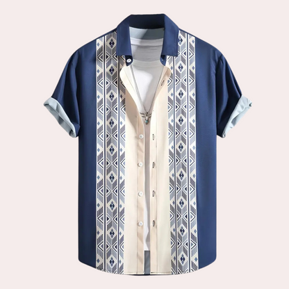 Blaues Herrenhemd mit Ethno-Muster, Kurzarm, Knopfleiste, Baumwolle, lässig, Sommermode.