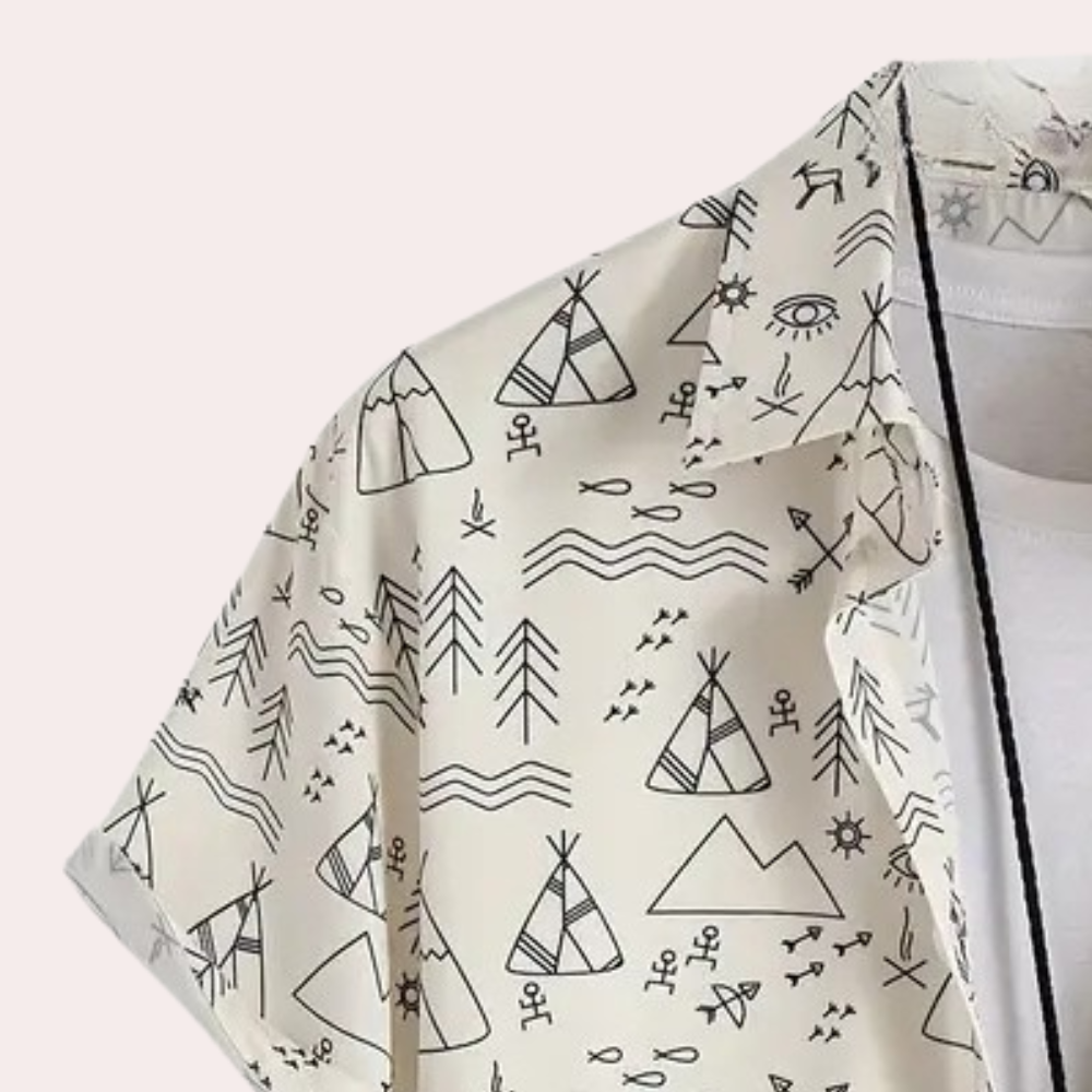 Herrenhemd mit grafischem Muster, beige, Kurzarm, Baumwolle, Sommermode, Freizeitkleidung.