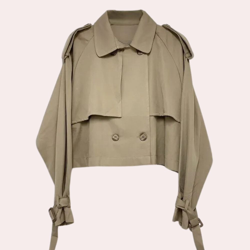Beige Damen-Trenchcoat, kurz, mit Gürtel, Knöpfen, klassischer Kragen, modisch, elegant.