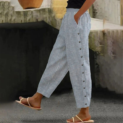 Gestreifte High-Waist Damen Hose mit Zierknöpfen – Florence