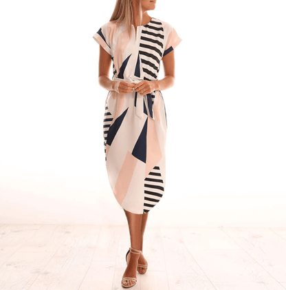 Trendige Asymmetrische Damen Midikleid mit Print und Taillengürtel – Elira