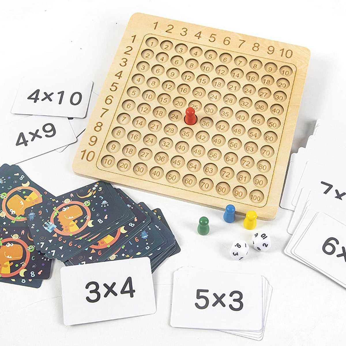 Lernspiel Holzbrett zur Multiplikation 1–10 mit Karten & Würfeln