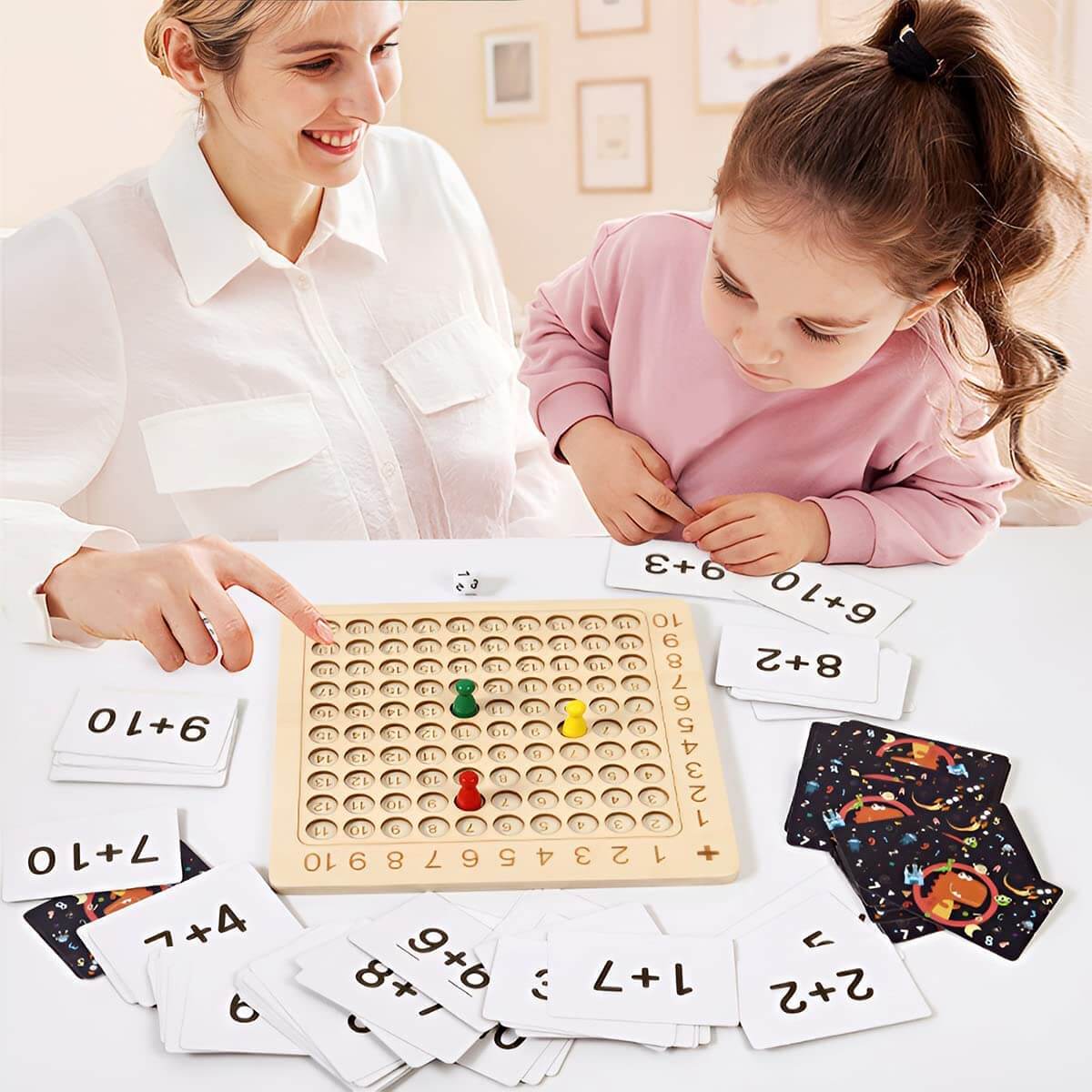 Lernspiel Holzbrett zur Multiplikation 1–10 mit Karten & Würfeln