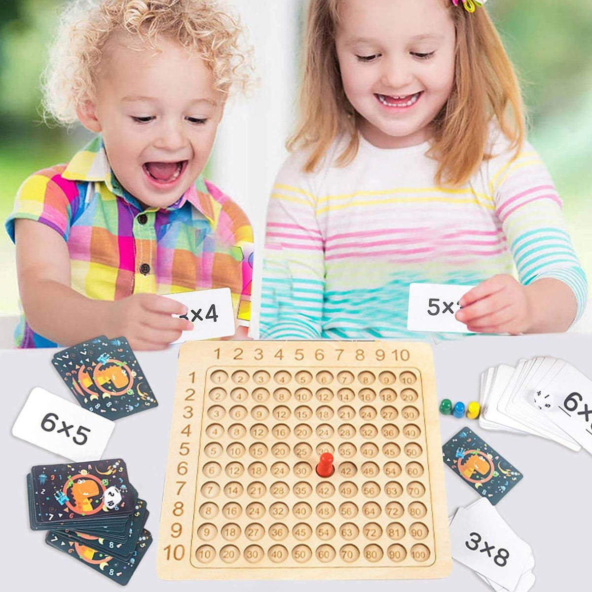 Lernspiel Holzbrett zur Multiplikation 1–10 mit Karten & Würfeln