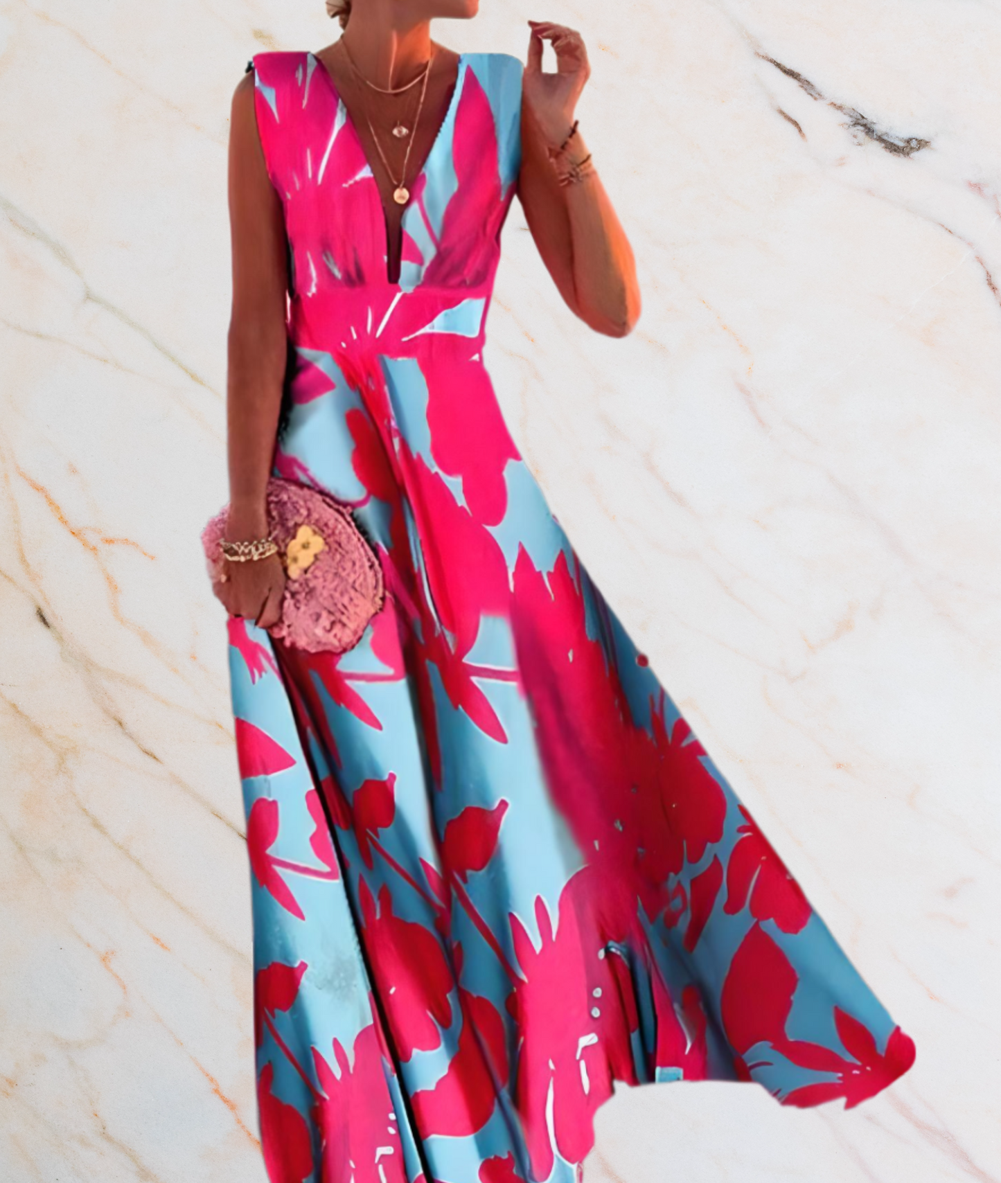 Nympha-  Schön sitzendes langes ärmelloses Kleid mit zufälligem Design