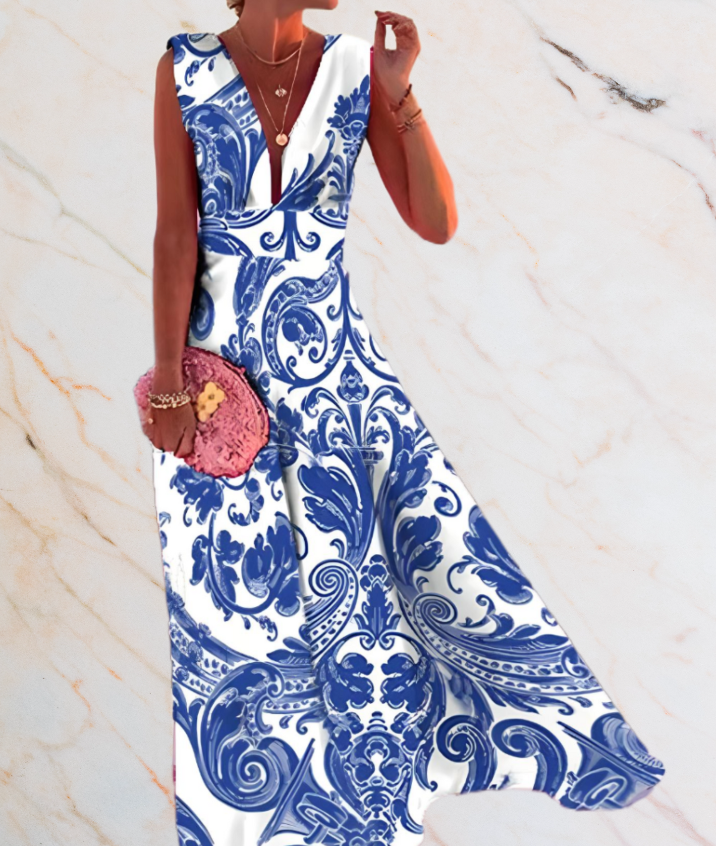 Nympha-  Schön sitzendes langes ärmelloses Kleid mit zufälligem Design