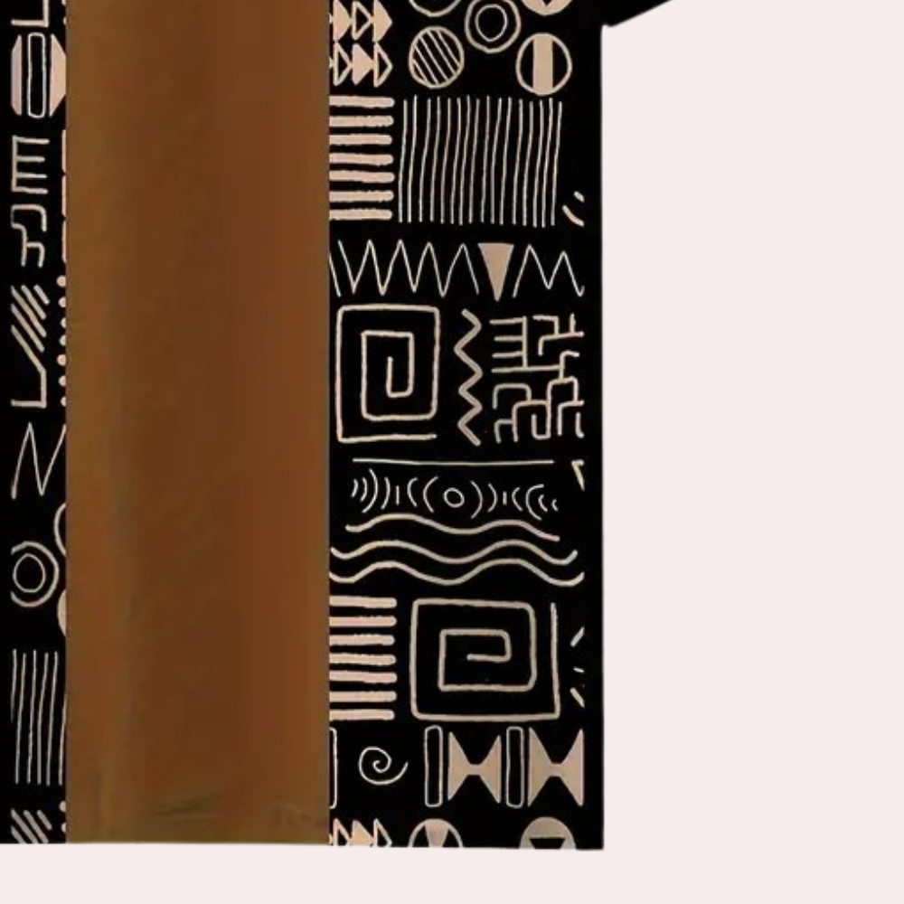 Schwarzes T-Shirt mit braunem Streifen und geometrischen Mustern, Unisex, Baumwolle.