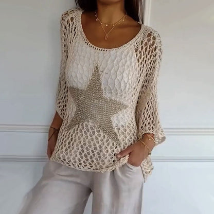 Gestricktes Netzshirt mit Rundhals & Häkelmuster – Noelle