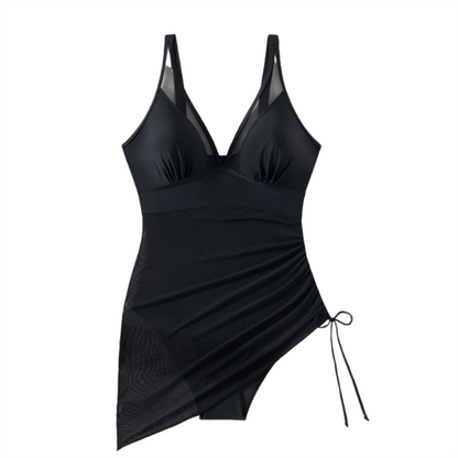 Formendes Badeanzugkleid mit Mesh-Einsatz & Wickeloptik – Melina