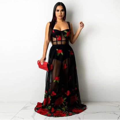 Maxikleid mit Blumenstickerei und Spaghettiträgern – Rosalie