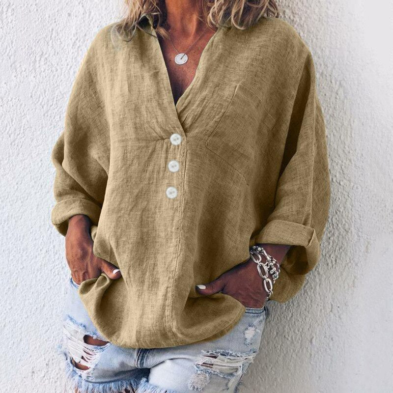 Luftige Damen Leinenbluse mit Knopfleiste und V-Ausschnitt – Elodie