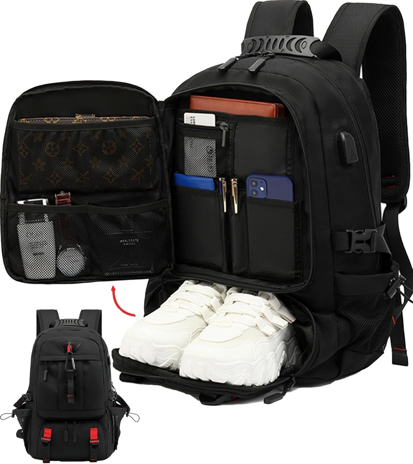 60L Wasserdichter Reiserucksack mit USB-Anschluss und Schuhfach